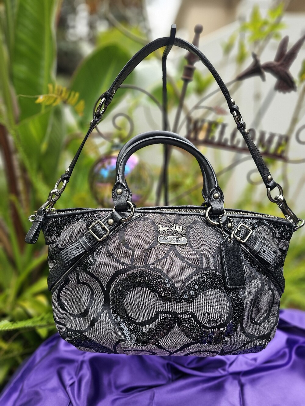 Coach Madison Maggie Sequin Signature Satchel Silver Black Teal Rare Dustbag Y2K